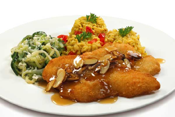 Eastern Fish Breaded Flounder Almondine with Rice Pilaf and Zucchini Noodles