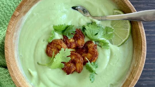 Cucumber Avocado Soup with Spicy Shrimp and Almonds