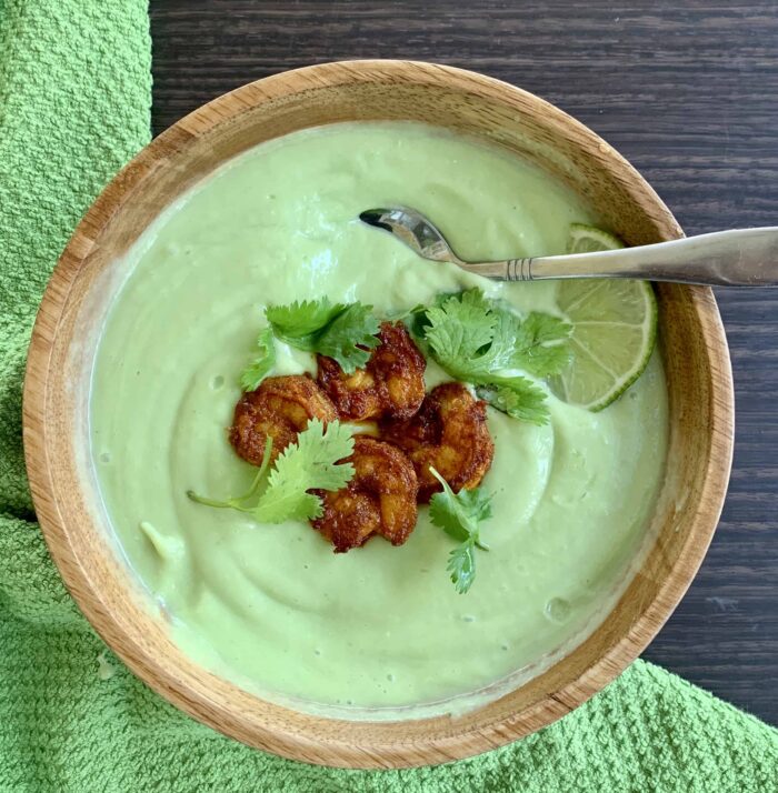 Cucumber Avocado Soup with Spicy Shrimp and Almonds